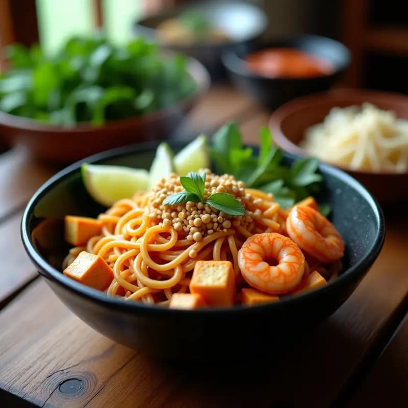 Plato de Pad Thai tailandés auténtico con fideos de arroz planos, camarones rosados, tofu dorado, brotes de soja, cebolla morada, cacahuetes tostados triturados y hojas de cilantro fresco, servido con gajos de lima kaffir y rodajas de lima verde.