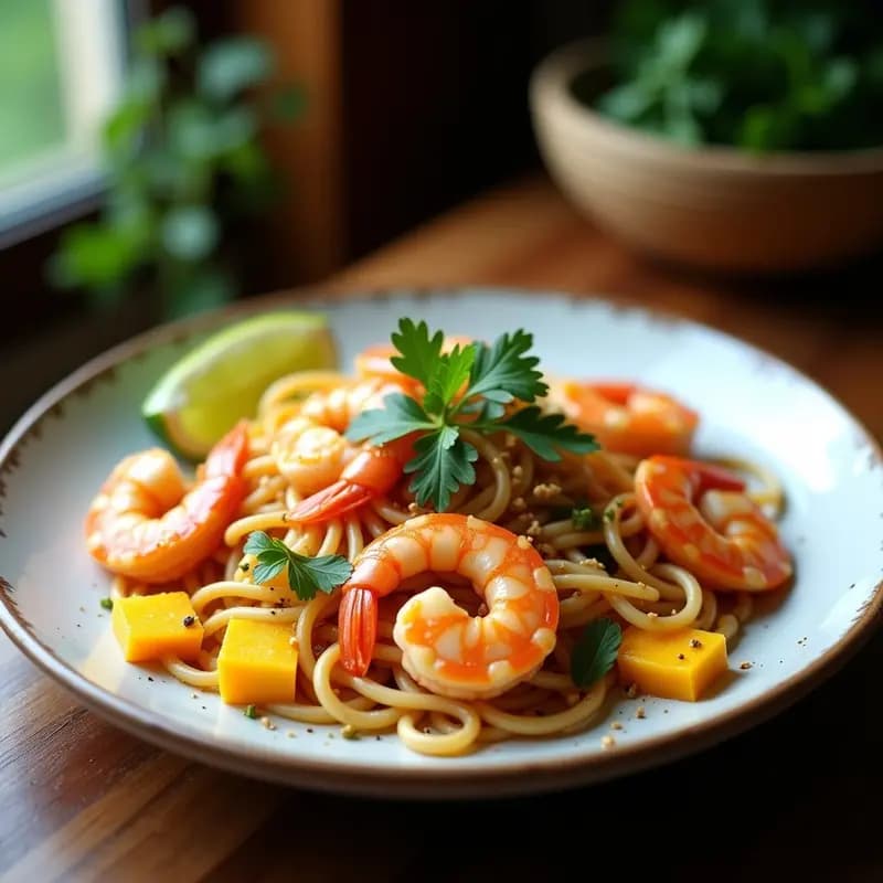 Plato de Pad Thai tailandés con fideos de arroz dorados, camarones salteados, trozos de mango fresco caramelizado, brotes de soja, cacahuetes triturados y cilantro fresco. Receta rápida y alta en proteína con colores vibrantes.