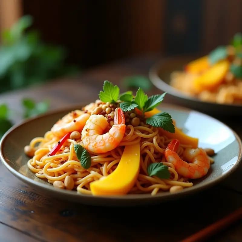 Plato de Pad Thai de camarones y mango sin gluten, con fideos de arroz integral salteados, camarones rosados, tiras doradas de mango maduro, brotes de soja, cacahuetes tostados y cilantro fresco, decorado con chile en escamas y hojas de menta sobre fondo rústico.