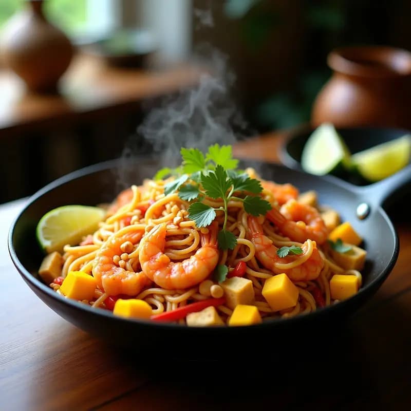 Plato hondo de cerámica blanca con Pad Thai tailandés: fideos de arroz salteados con camarones rosados, cubos de mango dorado, brotes de soja frescos, cacahuetes tostados y cilantro verde, decorado con rodajas de lima y chile rojo. Receta dulce-salada auténtica.
