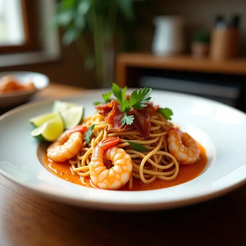 Plato hondo de cerámica negra con Pad Thai de camarones con tocino de coco: fideos de arroz salteados con camarones rosados, tocino de coco dorado crujiente, brotes de soja frescos, cilantro y rodajas de lima, receta tailandesa dulce-salada.