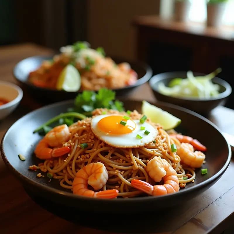 Plato de Pad Thai tailandés con fideos de arroz dorados, gambas salteadas y huevo escalfado, decorado con cacahuetes triturados, brotes de soja y lima en gajos sobre fondo oscuro.
