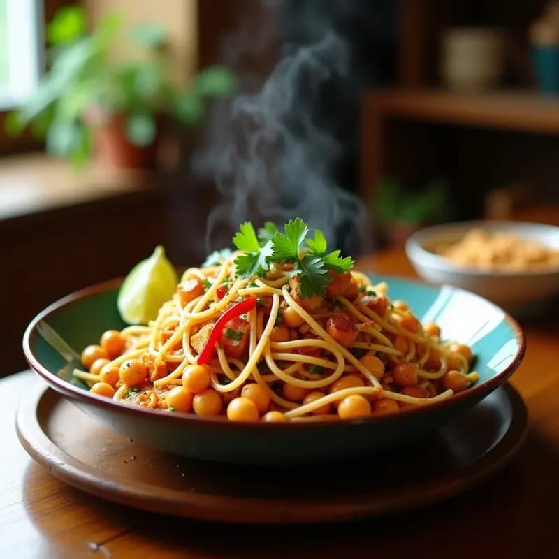 Plato de Pad Thai vegano con fideos de arroz salteados, garbanzos dorados y crujientes, tofu en cubos, brotes de soja, cacahuetes triturados, cilantro fresco y gajos de lima, decorado con rodajas de chile rojo sobre un fondo rústico de madera.