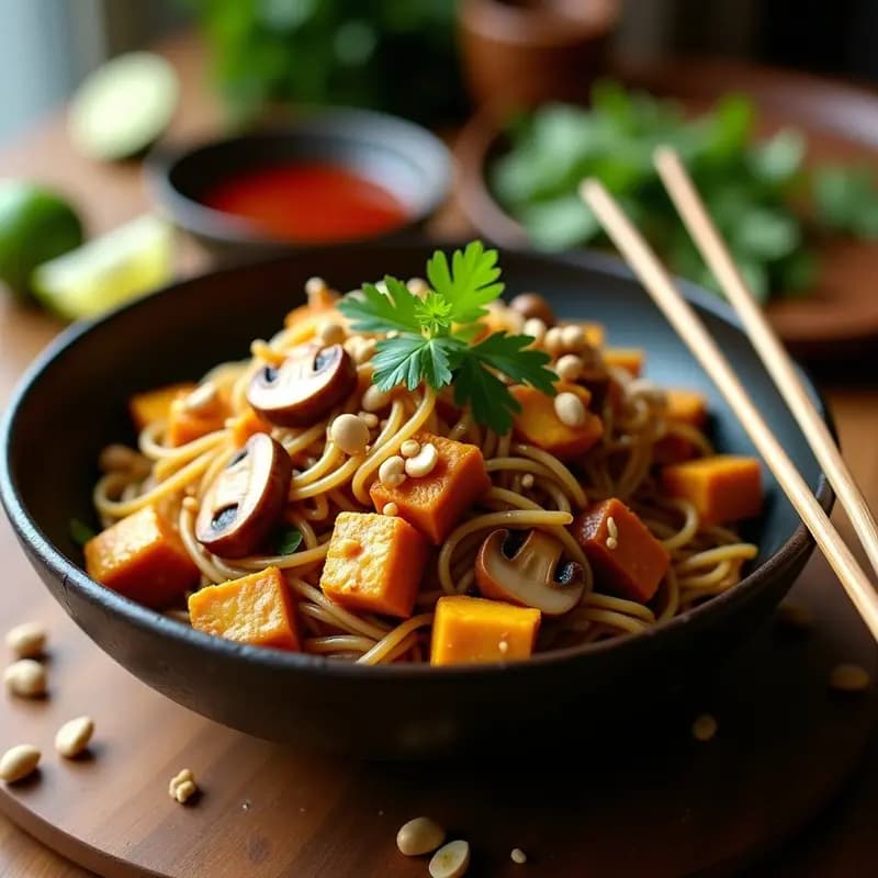 Wok de fideos de arroz integrales salteados con hongos shiitake dorados, tofu marinado en limón, cebolla morada, pimiento rojo y cacahuetes tostados. Decorado con cilantro fresco, rodajas de limón y chile rojo picado, servido en un plato hondo de cerámica negra con fondo de madera rústica.