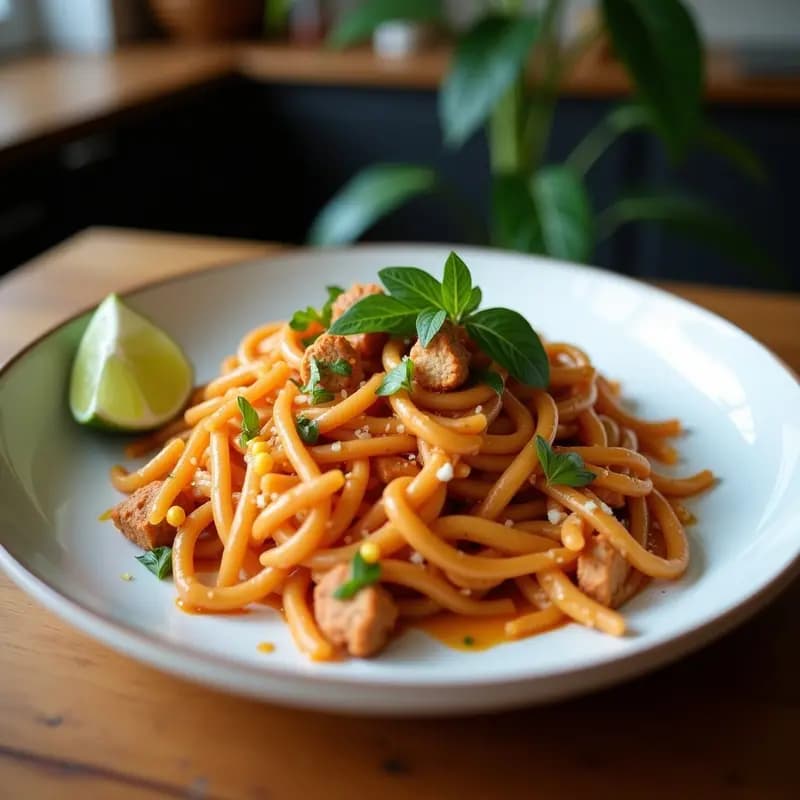 Plato hondo de cerámica blanca con Pad Thai de jackfruit desmenuzada vegano, calabacín espiralizado, zanahoria en juliana y brotes de soja, bañado en salsa tamarindo casera. Decorado con cacahuetes picados, cilantro fresco y rodajas de limón al lado. Fondo rústico con textura de madera oscura.