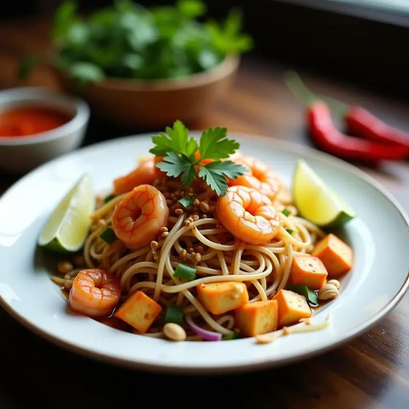 Plato hondo de cerámica blanca con Pad Thai de langostinos y brotes de soja, fideos de arroz dorados salteados con langostinos rosados, tofu dorado, cebolla morada, brotes de soja frescos, cacahuetes triturados y cilantro. Acompañado de rodajas de lima y chile rojo.