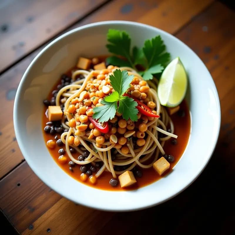 Plato hondo de porcelana blanca con Pad Thai de lentejas pardinas y fideos de arroz, tofu dorado, brotes de soja, zanahoria en juliana, cacahuetes picados y cilantro fresco. Salsa brillante de tamarindo y cacahuete. Receta tailandesa vegana alta en proteína.