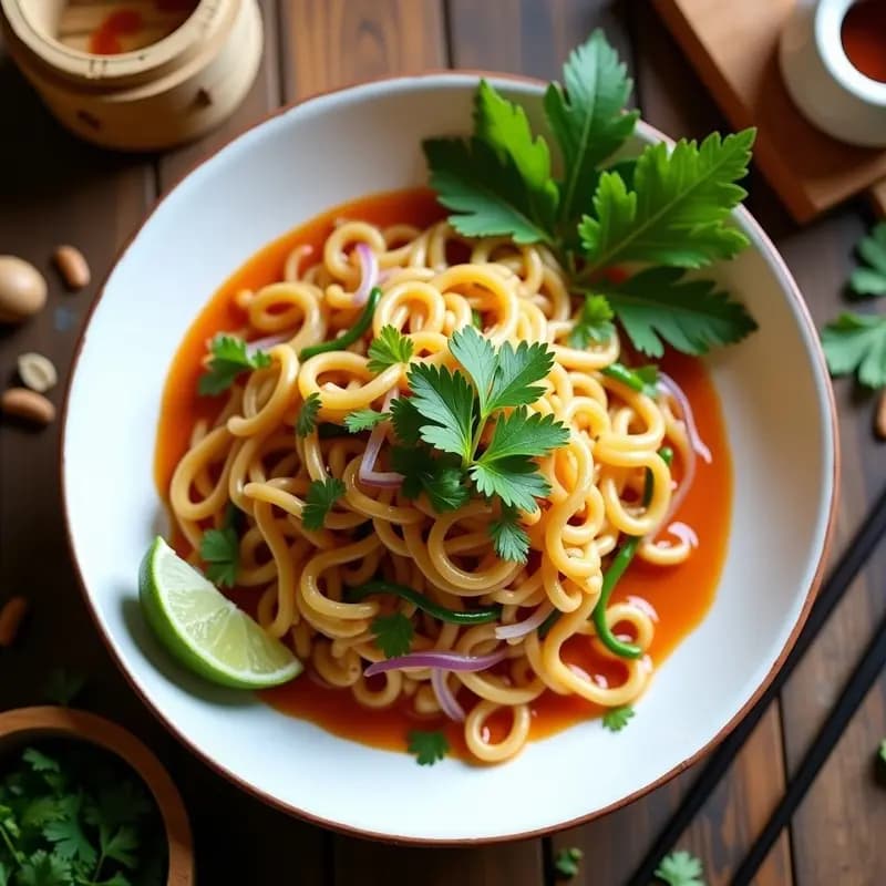Plato hondo de cerámica blanca con Pad Thai de zarigüeya de soja en tiras doradas, mango verde en juliana, brotes de soja, cebolla morada y cacahuetes tostados picados. Decorado con cilantro fresco y hojas de menta, con una rodaja de lima al lado. Receta tailandesa vegana con tamarindo y cacahuetes.