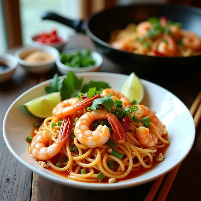 Plato hondo de cerámica blanca con Pad Thai tailandés con gambas, fideos de arroz dorados salteados, gambas rosadas, trozos de tofu, cacahuetes tostados, gajos de lima, cebollino y cilantro fresco. Fondos de wok y especias tailandesas al fondo.