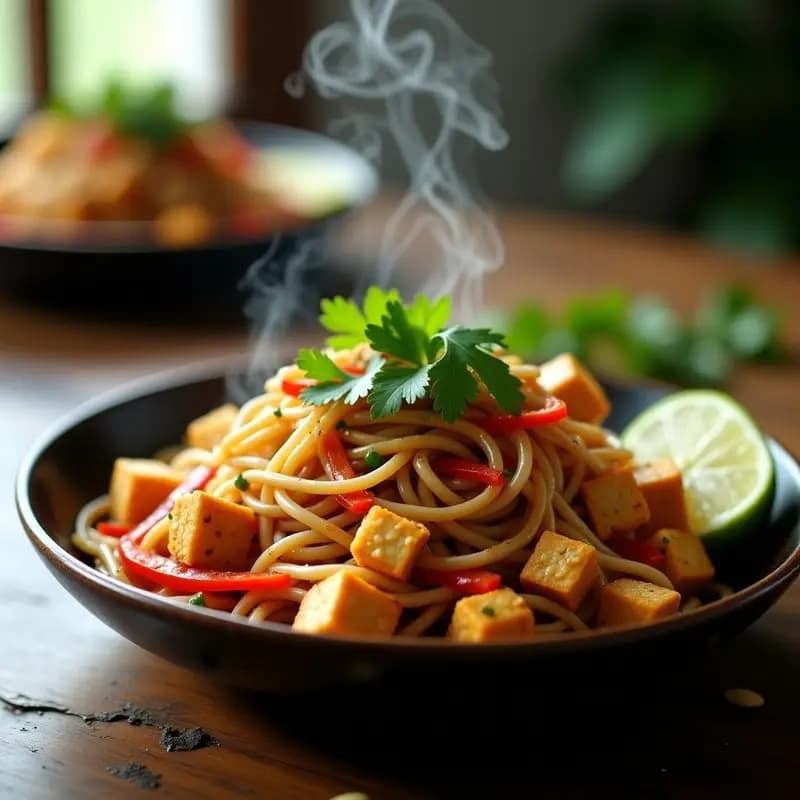 Plato de Pad Thai vegano y sin gluten con fideos de arroz integral, tofu dorado, brotes de soja frescos, pimentón rojo, cilantro y cacahuetes triturados, servido en un bol de cerámica con fondo oscuro.