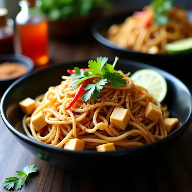 Plato de Pad Thai tailandés vegano con fideos de arroz dorados, tofu crujiente, brotes de soja frescos, cebolla morada, germinados de rábano, cacahuetes triturados y cilantro, servido en un bol negro con rodaja de lima.