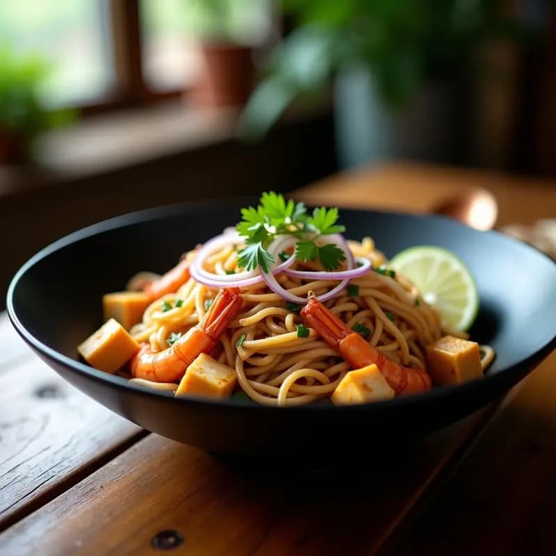 Plato hondo negro con Pad Thai de fideos de arroz integrales, tofu dorado en cubos, camarones rosados y brotes de soja crujientes. Decorado con cilantro fresco, cacahuetes machacados y una rodaja de lima. Fondos de salsa tamarindo brillante y texturas variadas.