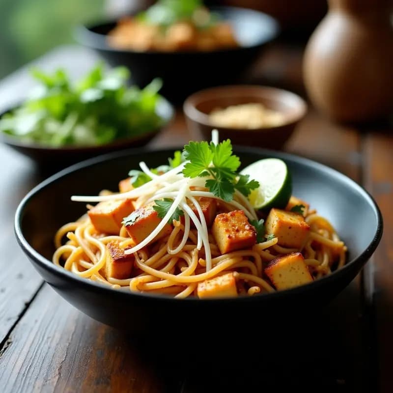 Plato colorido de Pad Thai con tofu dorado, tiras de coliflor y zanahoria, germinados frescos, cacahuetes tostados y cilantro, receta tailandesa alta en proteína.