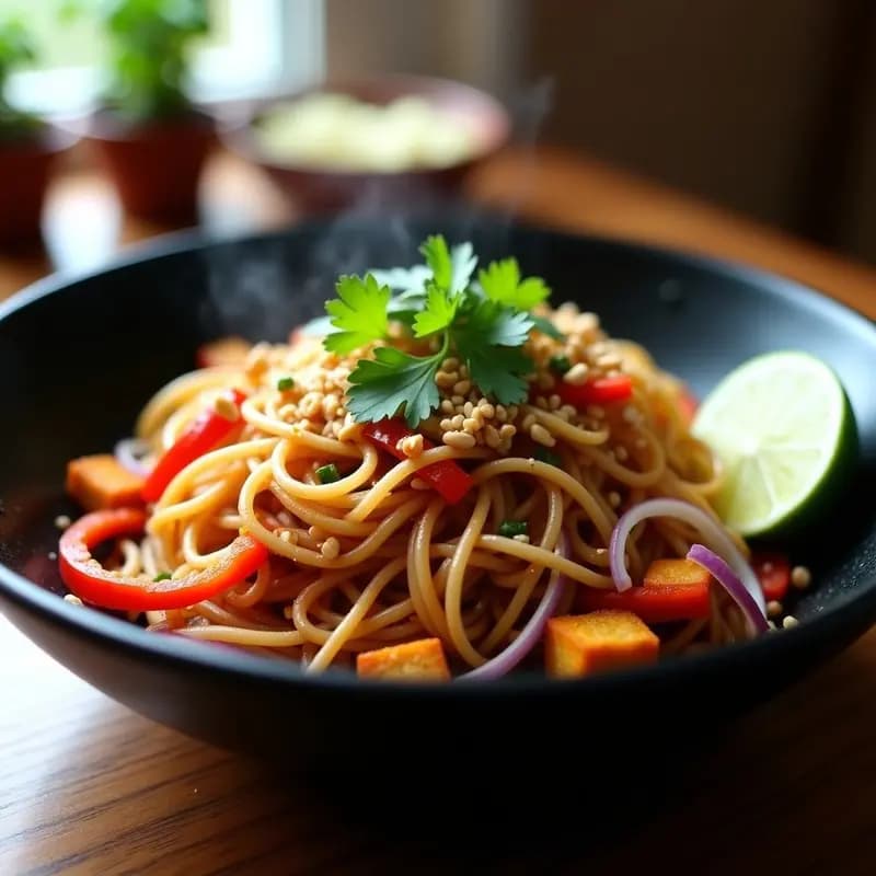 Plato hondo de cerámica negra con Pad Thai vegano: fideos de arroz integrales salteados con tofu dorado, pimiento rojo, cebolla morada y brotes de soja, bañados en salsa de tamarindo. Decorado con cacahuetes tostados, semillas de sésamo y hojas de cilantro fresco. Rodaja de lima al lado.
