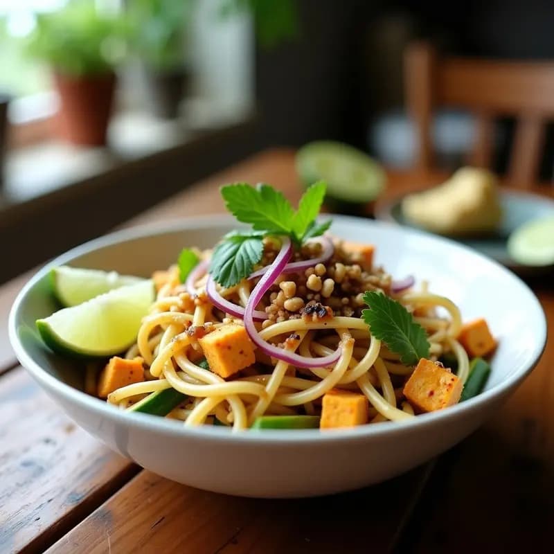 Plato hondo de cerámica blanca con Pad Thai de zoodles y tofu keto, decorado con maní tostado, cilantro fresco y rodajas de lima. Los zoodles brillantes se entrelazan con cubos dorados de tofu, brotes de soja y cebolla morada, creando una presentación colorida y apetecible.