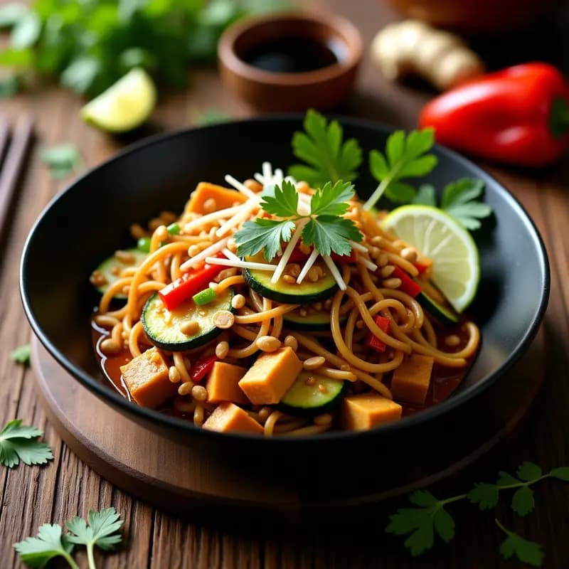 Plato hondo de cerámica negra con Pad Thai de zucchini y tofu en tiras anchas, decorado con cacahuetes picados, cilantro fresco, rodajas de lima y brotes de soja. Fondo de madera rústica con ingredientes dispersos como pimiento rojo y jengibre.