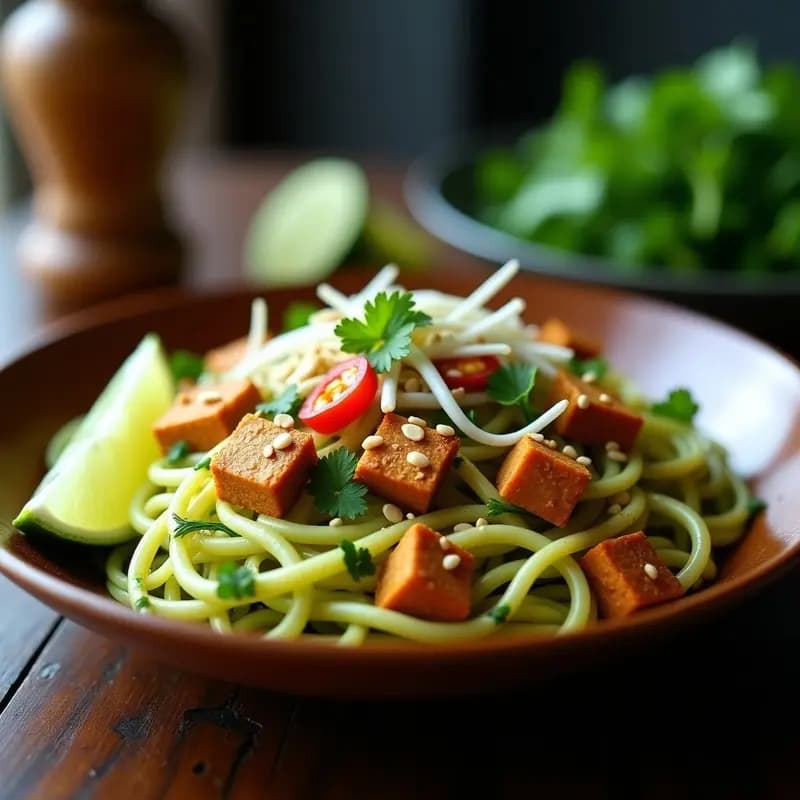 Plato tailandés de Pad Thai keto con zucchini en juliana, tofu dorado, brotes de soja, cacahuetes picados y cilantro fresco, bañado en salsa de tamarindo brillante. Decorado con gajos de limón verde y guindilla roja.