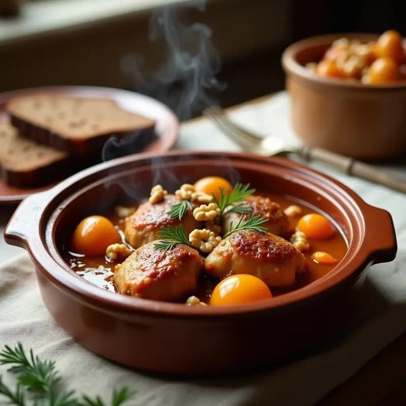 Olla de barro humeante con padova de pollo y ciruelas, muslos de pollo dorados bañados en salsa espesa con ciruelas pasas, nueces picadas y perejil fresco, servido en plato rústico de madera.