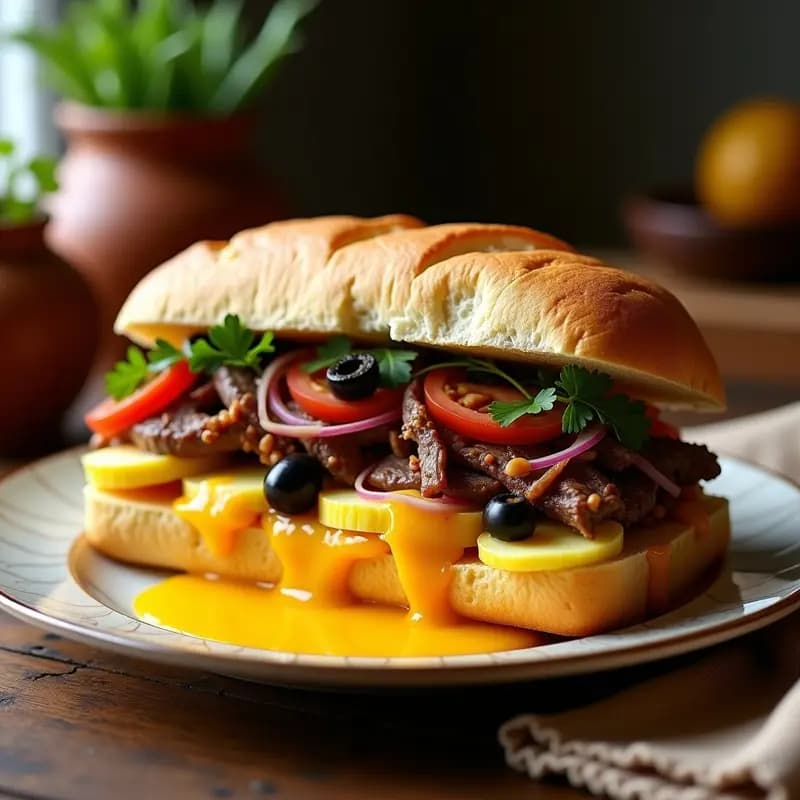 Sándwich Padre e Hijo peruano abierto mostrando capas de pan francés tostado, lomo saltado con cebolla y tomate, papa amarilla bañada en salsa huancaína, huevo duro y aceitunas. Plato tradicional fusión peruano-chino.