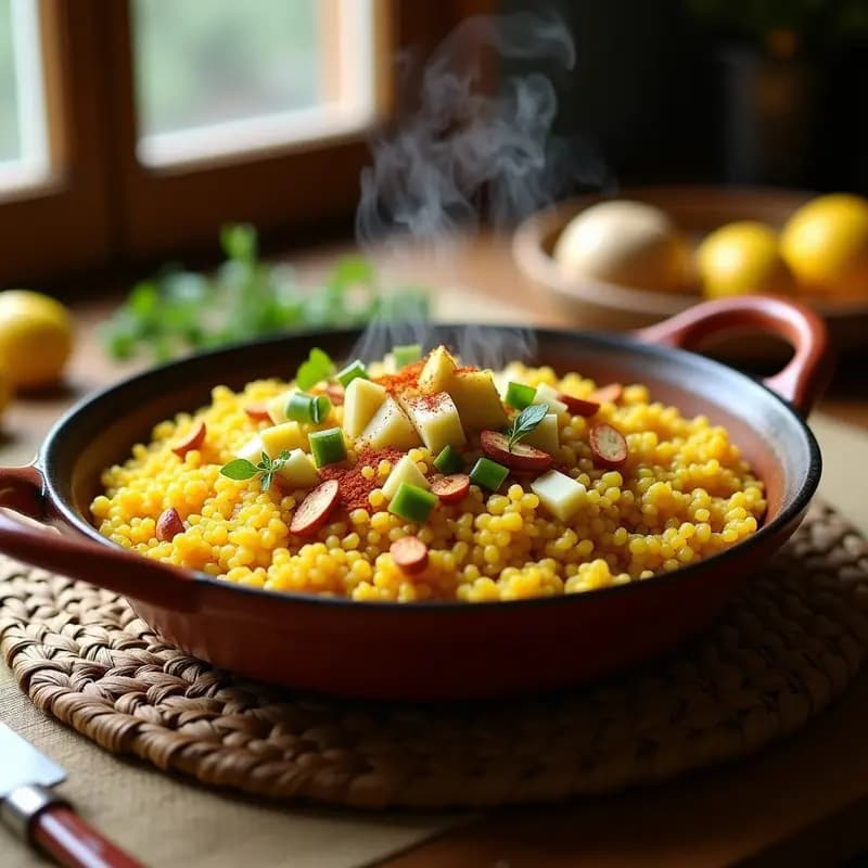 Paella vegana de alcachofas y azafrán en olla lenta, con arroz bomba dorado, alcachofas tiernas en cuartos, almendras fileteadas tostadas y hebras de azafrán. Servida en cazuela de barro rústica con limón confitado y hinojo fresco como decoración.