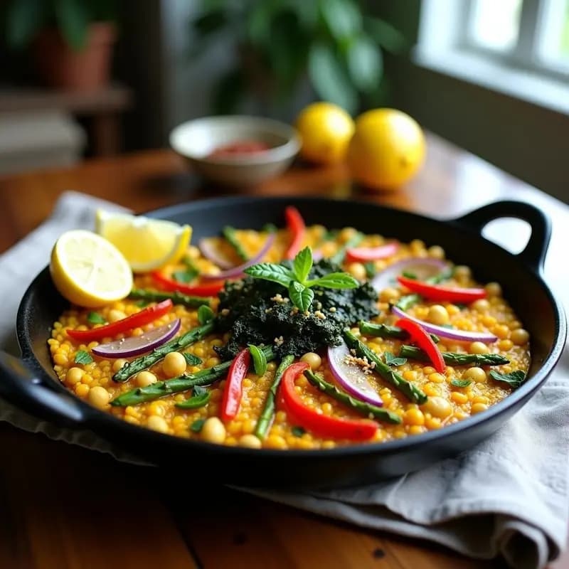 Paellera de hierro con paella vegana sin arroz, llena de algas nori y wakame, espárragos trigueros, calabacín y garbanzos, decorada con perejil fresco y gajos de limón. Fondo rústico con toques de azafrán y pimentón.