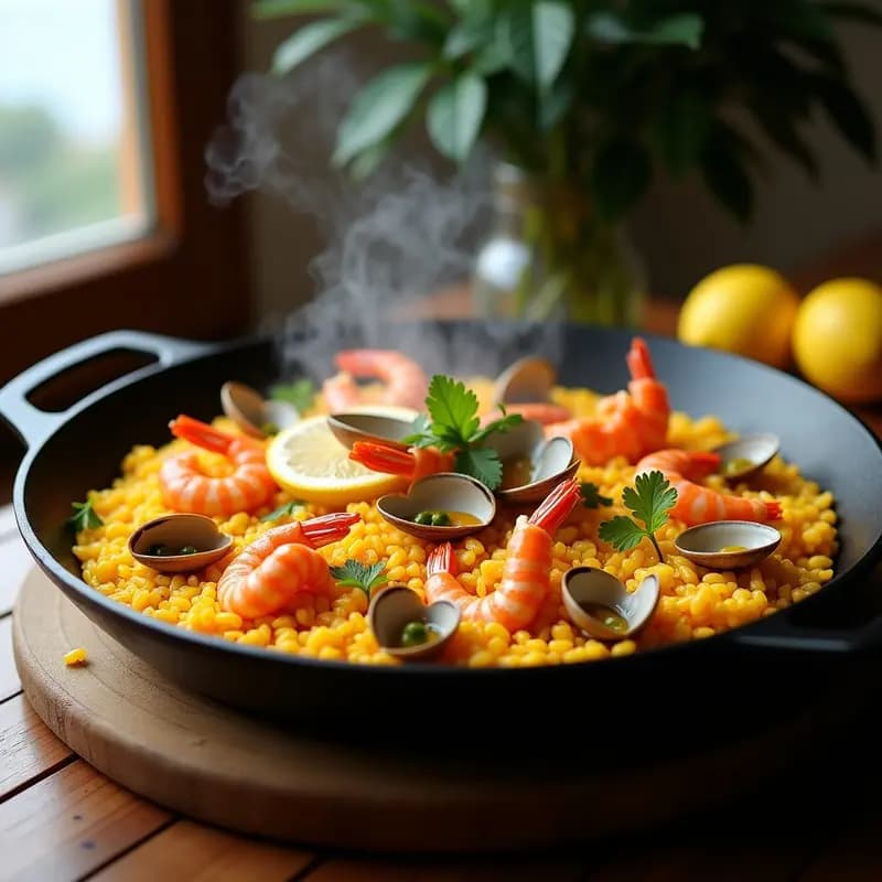 Paella de algodón de mar y azafrán sin gluten en sartén de hierro, con arroz dorado, trozos de algodón de mar naranja, gambas y almejas. Decorada con perejil fresco y rodajas de limón, sobre fondo rústico de madera.