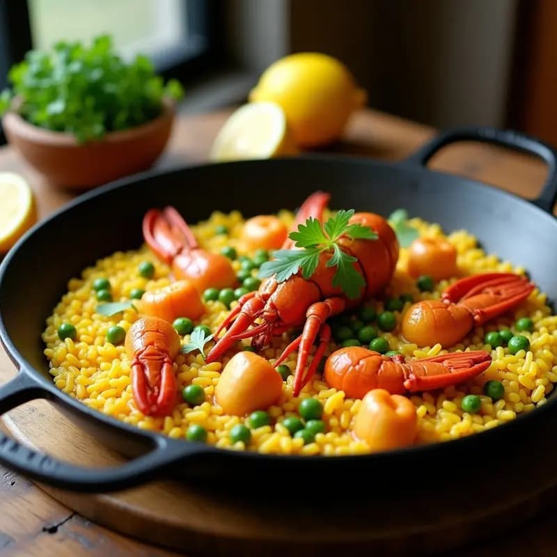 Paella de bogavante y azafrán con alcachofas y guisantes en paellera de acero, con trozos de bogavante dorado, arroz amarillo intenso por el azafrán, alcachofas tiernas y guisantes verdes. Decorada con perejil fresco y gajos de limón.