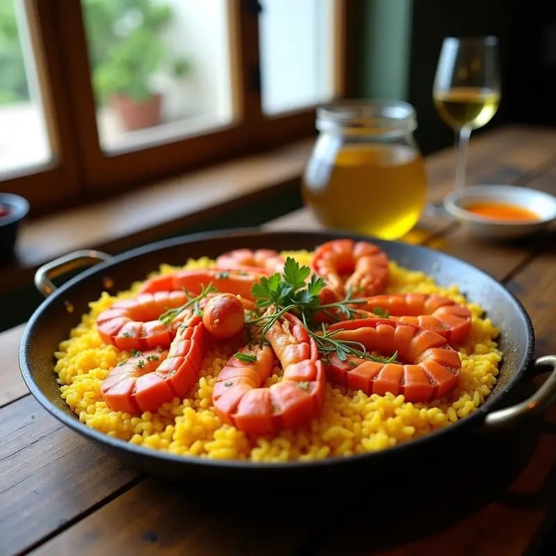 Paellera de acero con paella de bogavante y azafrán gourmet: arroz bomba dorado con rodajas de bogavante, decorado con hinojo marino y limón. Plato tradicional valenciano con toques modernos.