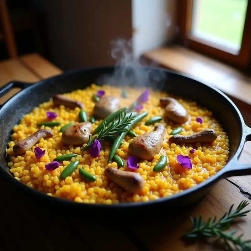 Paella de bugambilia y conejo al azafrán en cazuela de hierro, con arroz dorado, trozos de conejo, alcachofas y pétalos de bugambilia morados y fucsias, socarrat crujiente en el fondo.