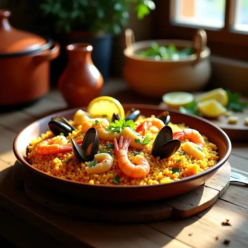 Paella de marisco y alcachofas en olla lenta, servida en plato hondo de barro con arroz dorado, langostinos, mejillones, calamar y alcachofas. Decorada con perejil fresco y gajos de limón, sobre fondo rústico de madera.