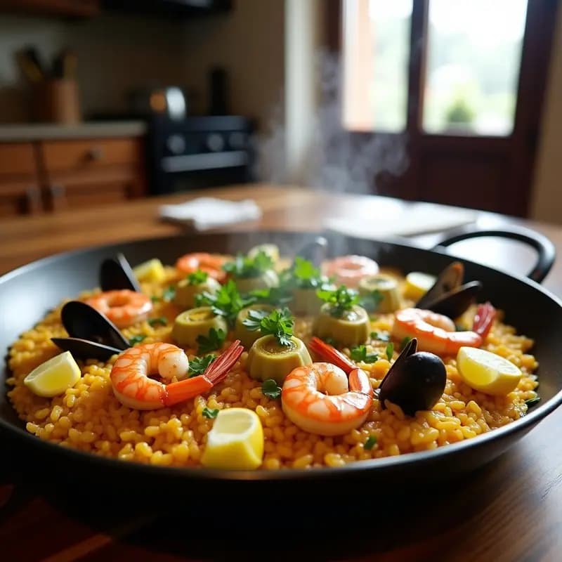 Paellera de acero con paella de marisco y alcachofas humeante, arroz meloso dorado con socarrat, gambas rosadas, mejillones abiertos y alcachofas verdes. Decorada con perejil fresco y gajos de limón sobre fondo rústico de madera.