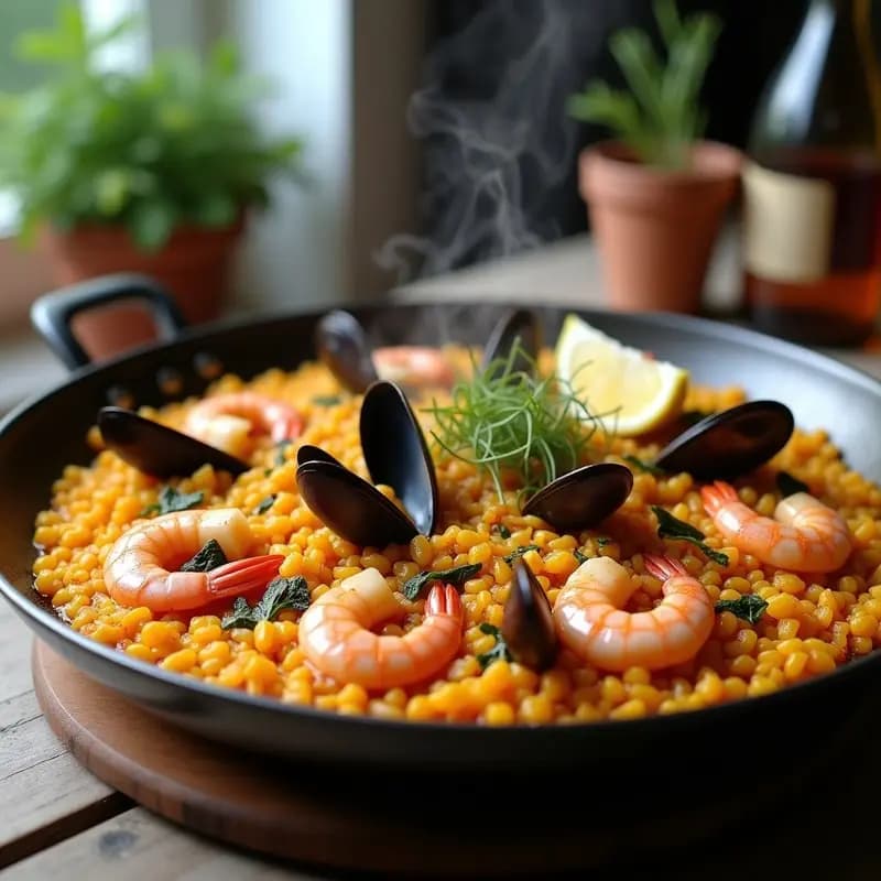 Paella de marisco y algas con azafrán en Thermomix, servida en plato hondo de barro con langostinos, mejillones, algas wakame y decoración de perejil y limón. El arroz tiene un tono dorado del azafrán y un socarrat crujiente en el fondo.