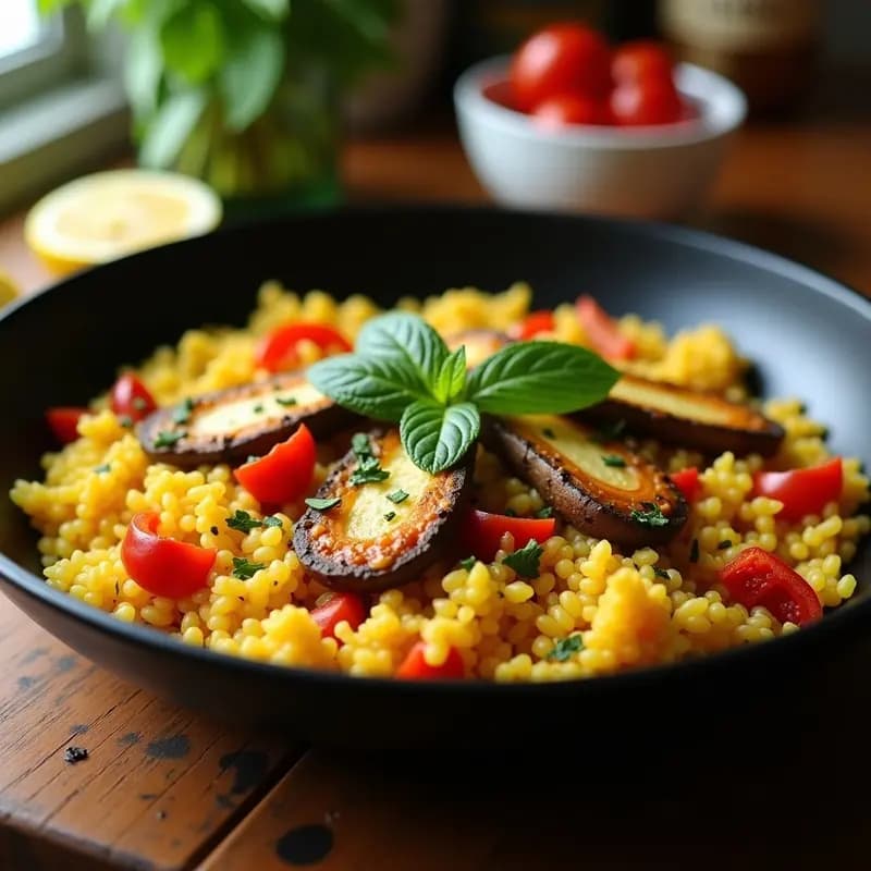 Paella vegana de marisco y algas con azafrán servida en olla exprés, con arroz dorado, trozos de champiñones portobello, corazones de alcachofa, algas nori y wakame, decorada con hierbabuena y gajos de limón sobre fondo rústico de madera.