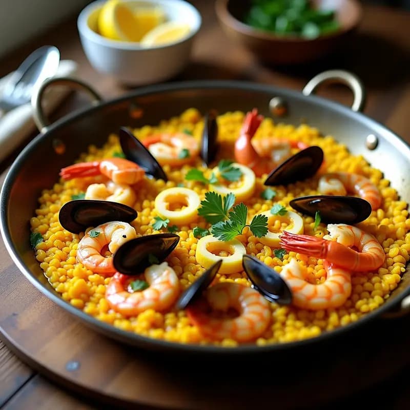 Paellera de acero con paella de marisco y cúrcuma antiinflamatoria, arroz amarillo dorado con gambas, mejillones, calamares, alcachofas y guisantes. Decorada con perejil fresco y gajos de limón sobre fondo rústico de madera.