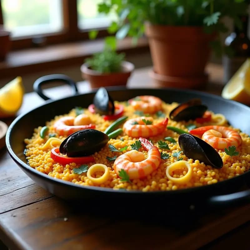 Paella de marisco y verduras en paellera de acero, con arroz meloso, gambas rosadas, mejillones abiertos y calamares, acompañada de rodajas de limón y perejil fresco sobre fondo rústico de madera.