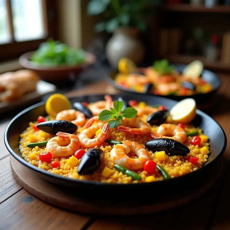 Paellera tradicional de hierro llena de paella de marisco y verduras auténtica, con arroz amarillo, gambas, mejillones, sepia, pimientos y judías verdes, decorada con gajos de limón.