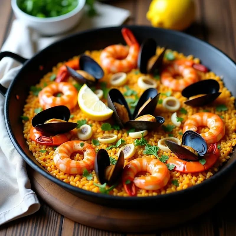 Paellera de hierro con paella de mariscos y alcachofa, arroz dorado con socarrat, gambas rojas, mejillones abiertos, almejas y cuartos de alcachofa, decorada con perejil fresco y gajos de limón al lado.