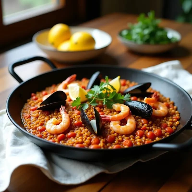 Paellera de hierro con paella de mariscos y arroz integral keto, gambas rosadas, mejillones negros y calamares sobre un sofrito rojo, decorada con perejil verde y gajos de limón amarillo. Socarrat dorado en los bordes.