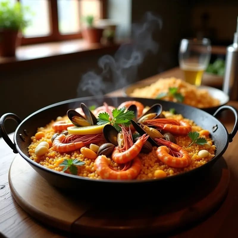 Paella de Mariscos con Arroz salvaje y Safron servida en olla de hierro fundido, con gambas rojas, mejillones, almejas y calamares sobre un lecho de arroz oscuro y dorado, decorada con perejil fresco y rodajas de limón.