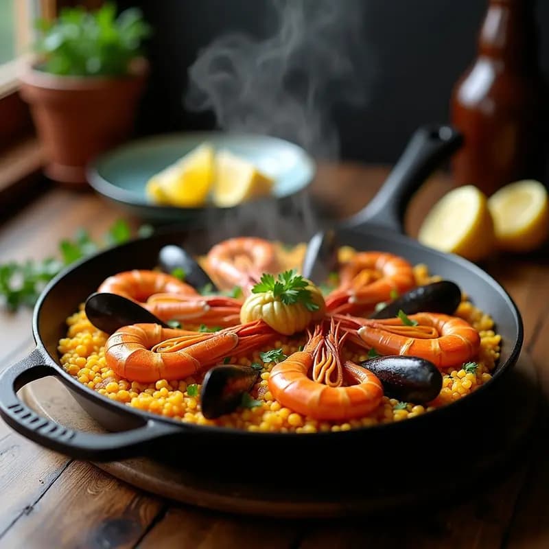 Olla de hierro con paella de mariscos con azafrán y alcachofas, mostrando gambas rojas, mejillones abiertos, calamares y alcachofas sobre un lecho de arroz amarillo dorado con socarrat crujiente. Decorada con perejil fresco y rodajas de limón.