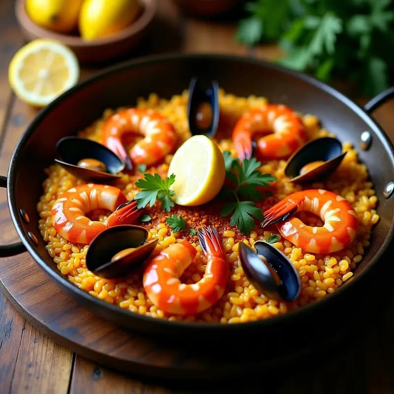 Paella de mariscos y azúcar moreno servida en paellera de acero, con arroz dorado, gambas rojas, mejillones y almejas abiertos, decorada con limón confitado y hebras de azafrán. Plato español con toque dulce-salado gourmet.
