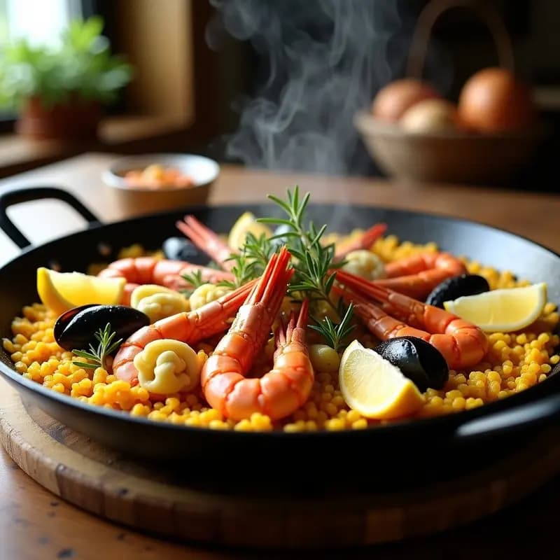 Paellera de acero con paella de mariscos valenciana auténtica: arroz dorado con socarrat, gambas rojas, mejillones abiertos, calamares y alcachofas, decorada con romero y limón, sobre fondo rústico de madera.