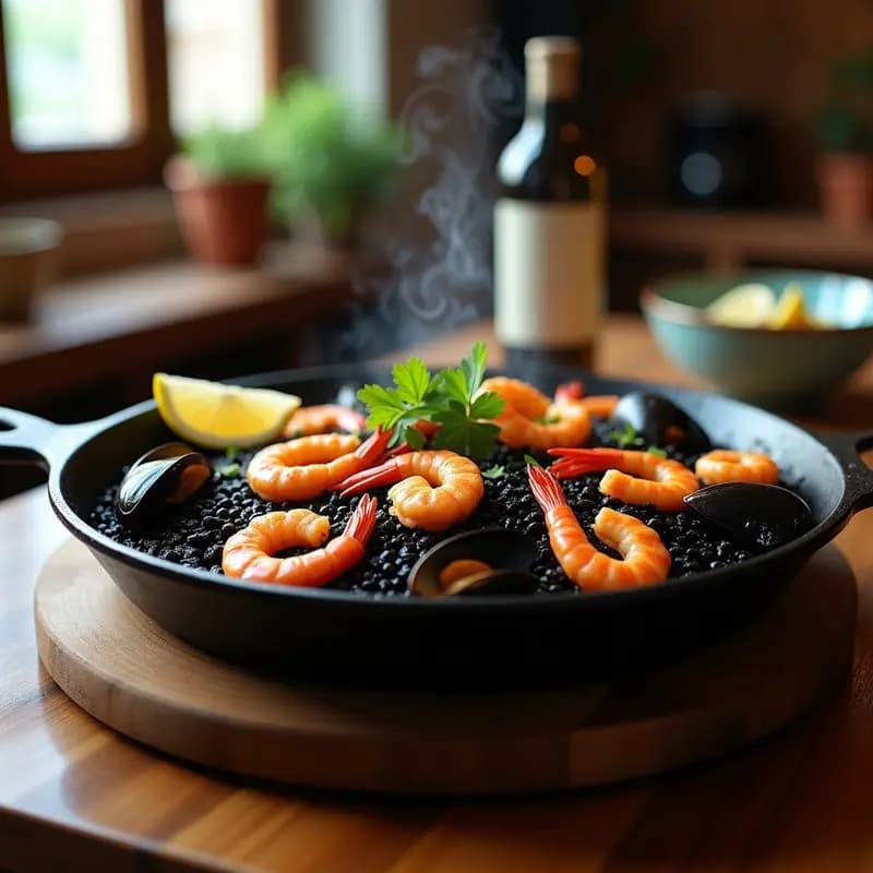 Paella negra de arroz venere y mariscos servida en paellera de hierro, con arroz de color negro intenso, gambas rojas, calamares y mejillones, decorada con perejil fresco y gajos de limón. Plato gourmet español sin lactosa.