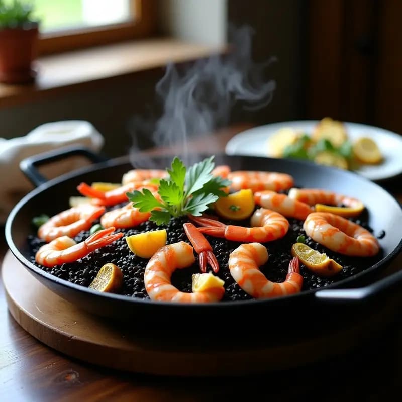 Paella negra gourmet en cazuela de barro, con arroz brillante de color ébano, trozos de calamar y gambas rosadas, alcachofas doradas y perejil fresco. Plato tradicional español con toques modernos.