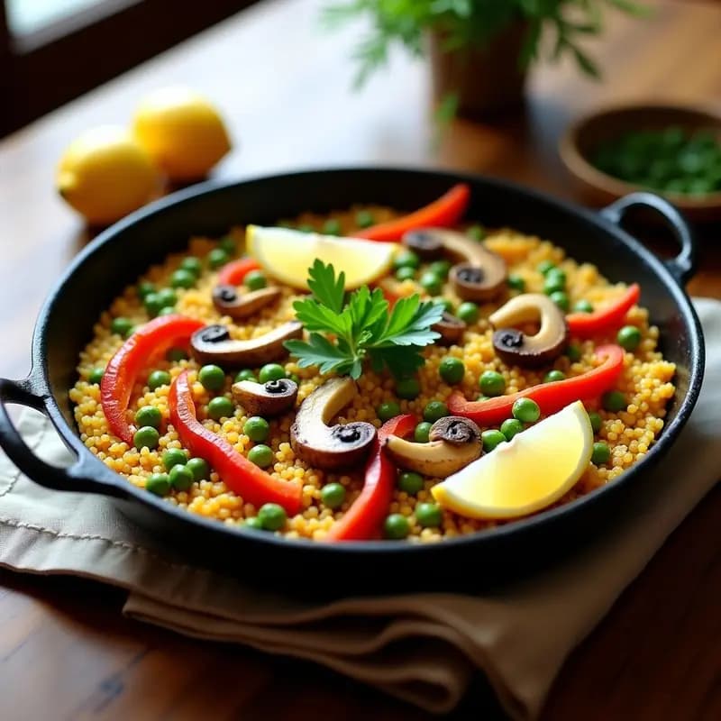 Paellera de hierro negro con paella de quinoa tricolor y azafrán, adornada con champiñones portobello asados en láminas, alcachofas, guisantes y perejil fresco. Fondos dorados y almendras tostadas espolvoreadas, con gajos de limón al lado.