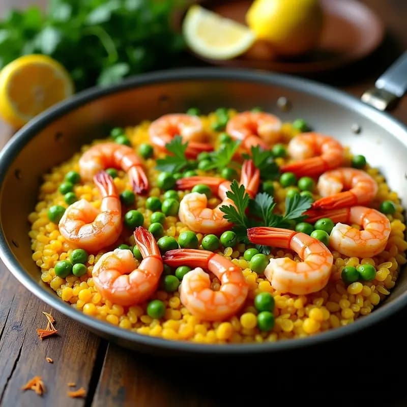 Paellera de acero brillante con paella de quinoa dorada y esponjosa, teñida de azafrán, coronada con gambas rosadas y guisantes verdes. Decorada con perejil fresco y gajos de limón, sobre fondo rústico de madera.
