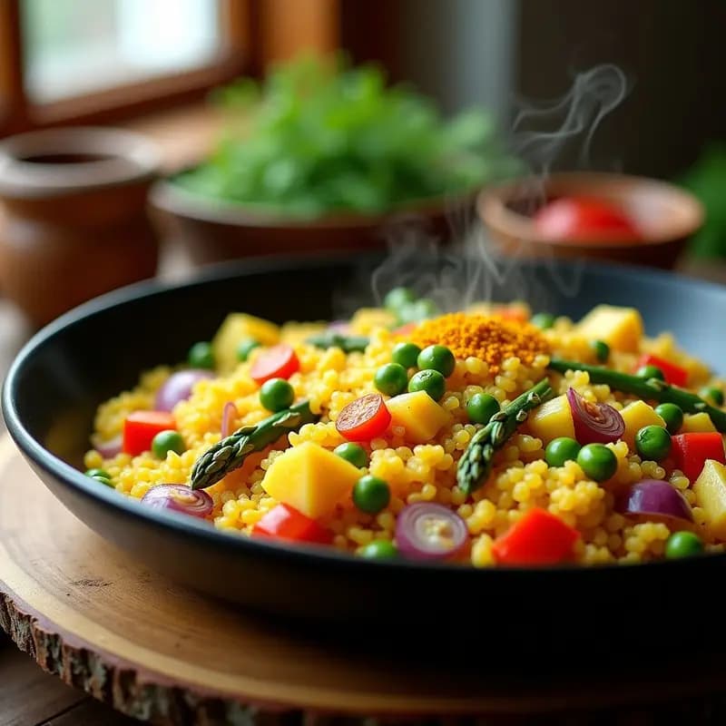 Paella de quinoa dorada con azafrán y verduras coloridas en olla rápida, decorada con limón y hinojo fresco, receta española keto.