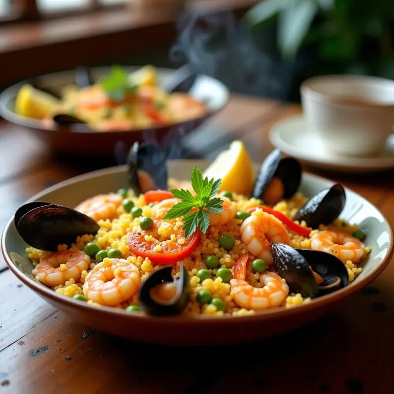 Paella de quinoa y mariscos en olla exprés, con gambas rosadas, mejillones abiertos y pimiento rojo asado, servida en plato hondo de barro con hebras de azafrán y limón.