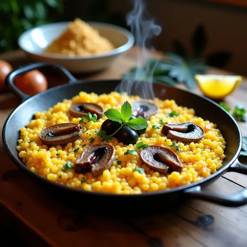 Paellera de hierro con paella vegana de quinoa y mariscos, azafrán y alcachofas, decorada con perejil y gajos de limón sobre fondo rústico de madera.