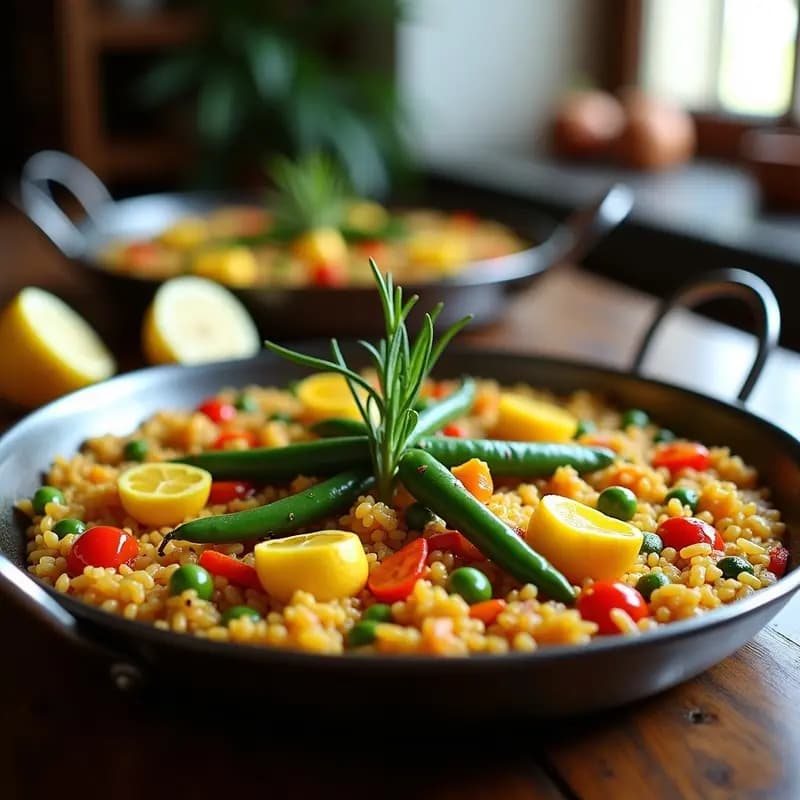 Paella vegana de Valencia con arroz bomba, alcachofas frescas en cuartos, judías verdes troceadas, pimiento rojo y guisantes, decorada con una rama de romero y rodajas de limón en una paellera de acero tradicional.